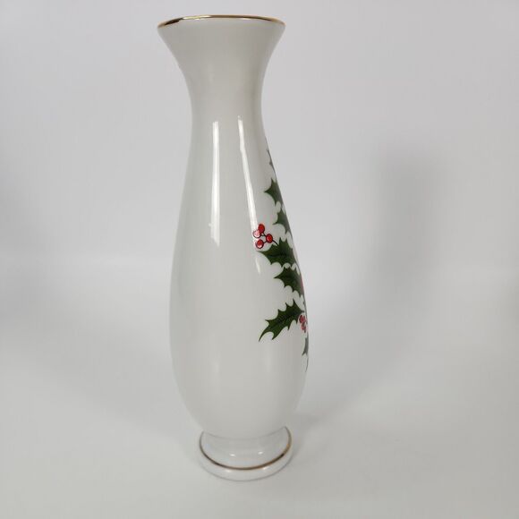 Bud Vase Christmas Holly Berry Holiday Decor White Porcelain 6 1/2" Gold Trim - Picture 4 of 11